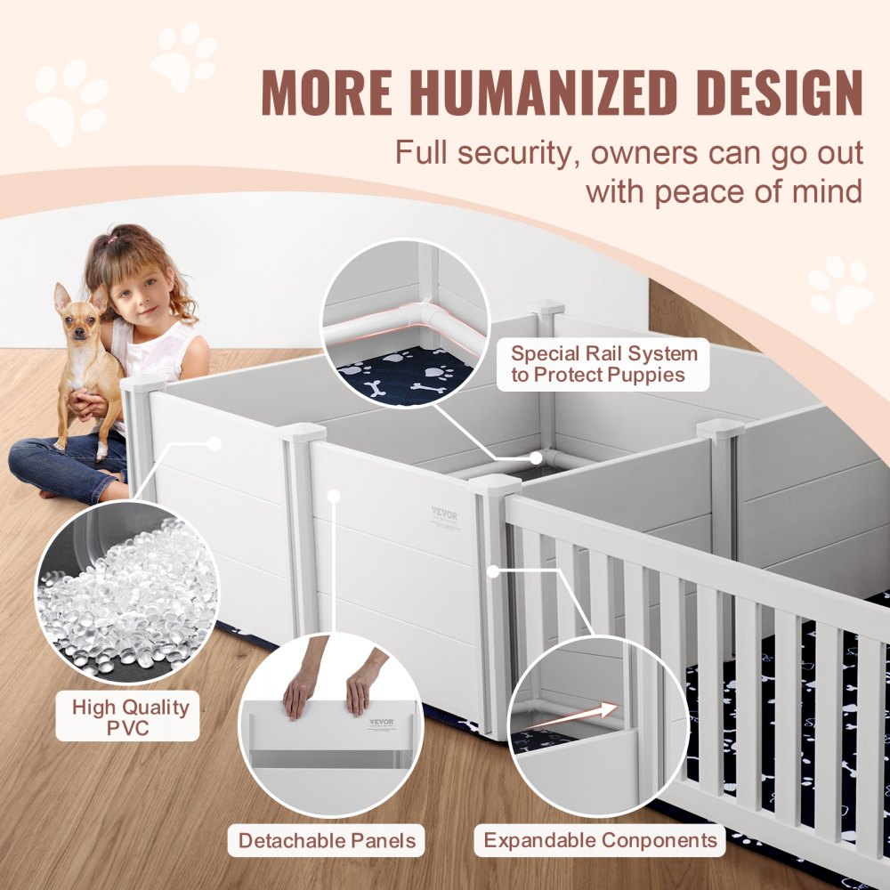 VEVOR Dog Whelping Box, 93.3 x 48.4 x 18.1in Dual Zone Whelping Box for Dogs and Puppies, Whelping Pen for Puppies, Dog Birthing Box with Rails, 2 Washable Pee Pads and 2 Storage Bags, White