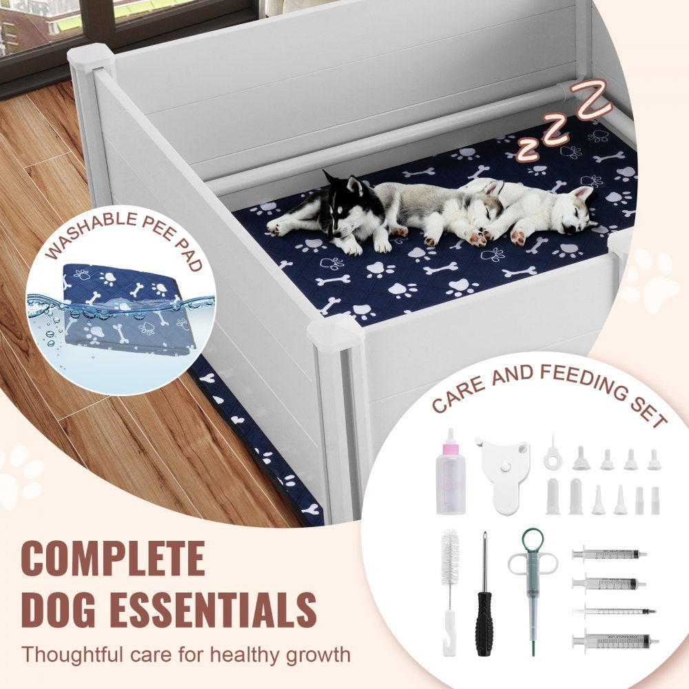 VEVOR Dog Whelping Box, 93.3 x 48.4 x 18.1in Dual Zone Whelping Box for Dogs and Puppies, Whelping Pen for Puppies, Dog Birthing Box with Rails, 2 Washable Pee Pads and 2 Storage Bags, White