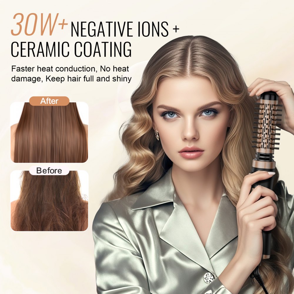 VEVOR Rotating Hair Dryer Brush, Ionic Hot Air Styling Brush with 1.5" and 2" Ceramic Coated Head, 4 in 1 Hair Dryer Styler and Volumizer, 3-Temp Blow Dryer Brush for Fast Drying Straightening Curling