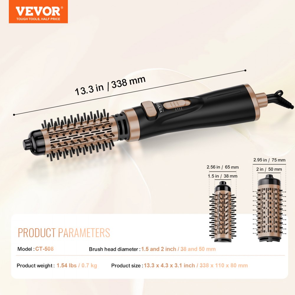 VEVOR Rotating Hair Dryer Brush, Ionic Hot Air Styling Brush with 1.5" and 2" Ceramic Coated Head, 4 in 1 Hair Dryer Styler and Volumizer, 3-Temp Blow Dryer Brush for Fast Drying Straightening Curling