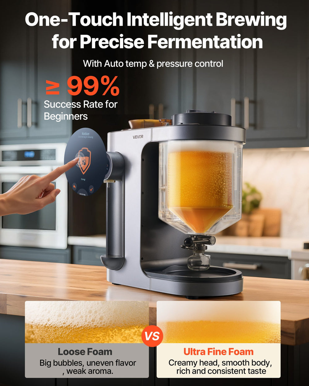 VEVOR Automatic Home Beer Brewer, 1500W Electric Beer Brewing Machine, 3.43 Gal All-in-One Home Brewer with Mash Boil Device, 304 Stainless Steel Internal Tank, Auto Temperature & Pressure Control