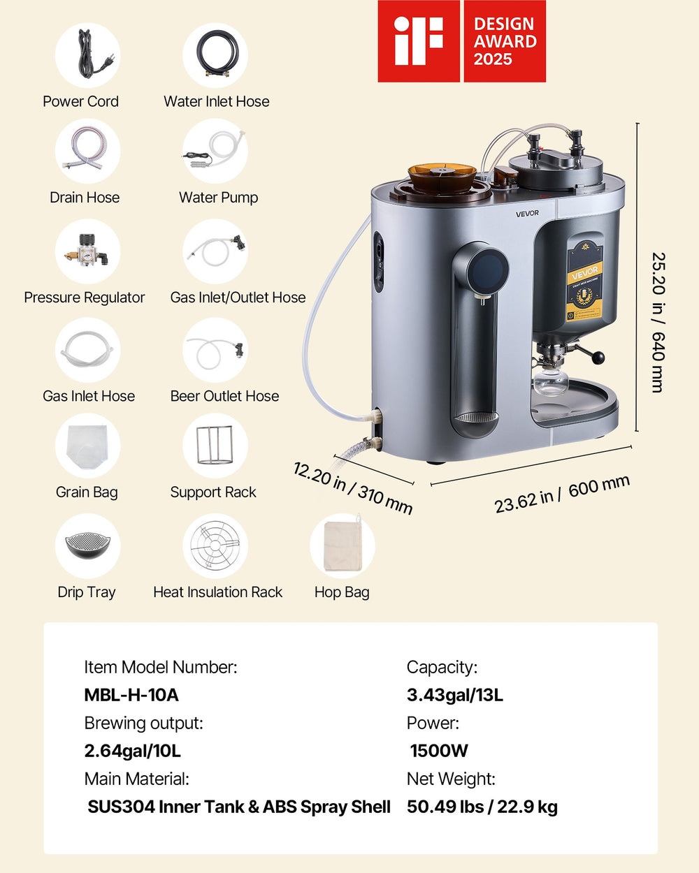 VEVOR Automatic Home Beer Brewer, 1500W Electric Beer Brewing Machine, 3.43 Gal All-in-One Home Brewer with Mash Boil Device, 304 Stainless Steel Internal Tank, Auto Temperature & Pressure Control