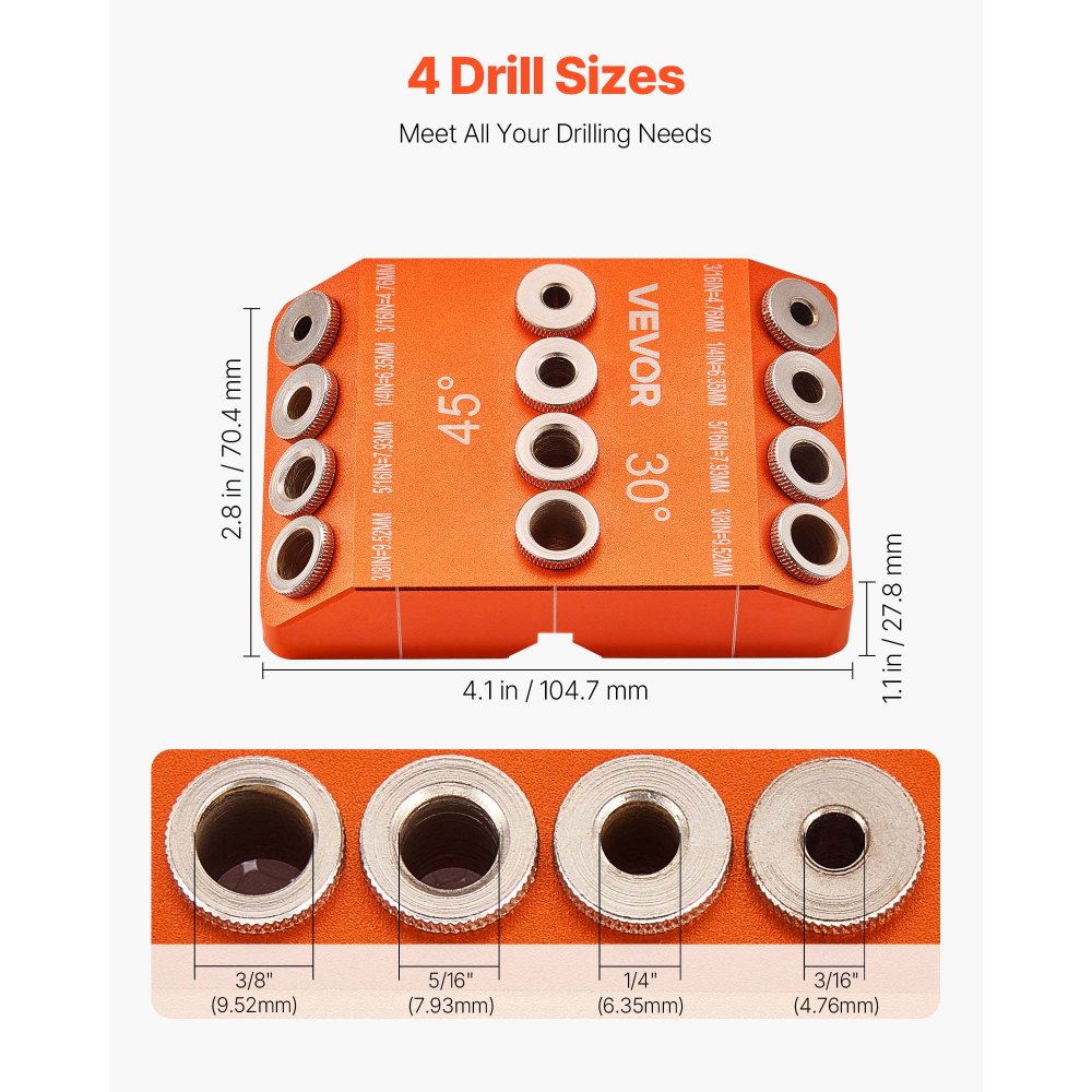 VEVOR Drill Guide, 30/ 45/ 90 Degree Angle 4 Sizes Portable Precision Drilling Guide Jig, for Drilling Angled or Horizontal Holes, Aluminum Alloy, for Deck Cable Railing Wood Post Stair Handrail