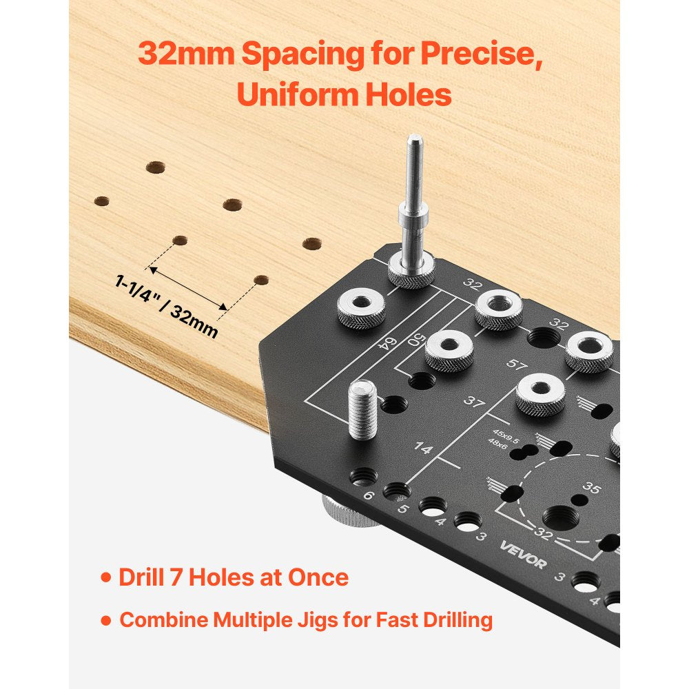 VEVOR Shelf Pin Jig and Hinge Jig Two-in-One, Aluminum Alloy Cabinet Hardware Hole Drilling Template with 1/4" and 3/16" Drill Bits, for Cabinet Doors Bookshelves Wardrobes Woodworking and DIY