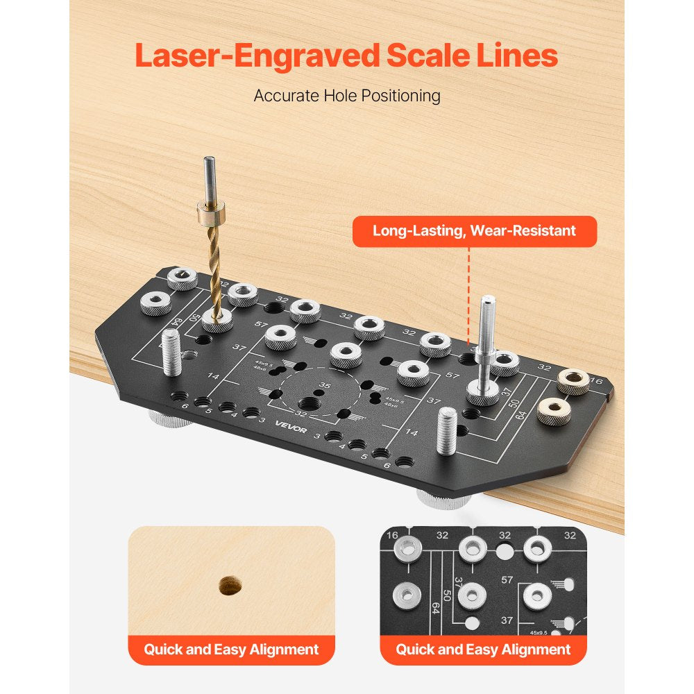 VEVOR Shelf Pin Jig and Hinge Jig Two-in-One, Aluminum Alloy Cabinet Hardware Hole Drilling Template with 1/4" and 3/16" Drill Bits, for Cabinet Doors Bookshelves Wardrobes Woodworking and DIY