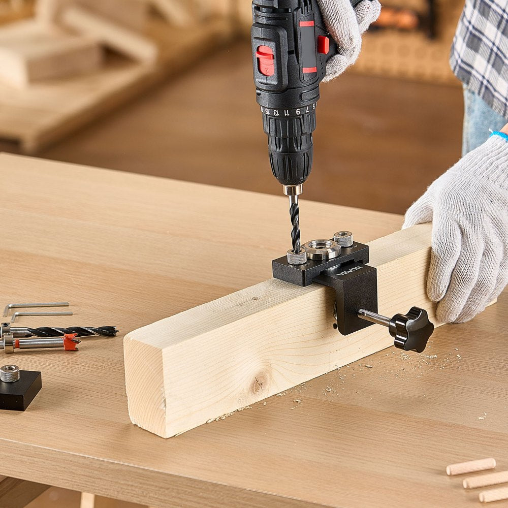 VEVOR Doweling Jig Kit, Self Centering Dowel Drill Jig for Straight Holes, Aluminum Alloy Woodworking Joints Tool with 3 Size Drill Bits 5/16", 3/8", and 19/32", Adjustable Width, for Wood Working