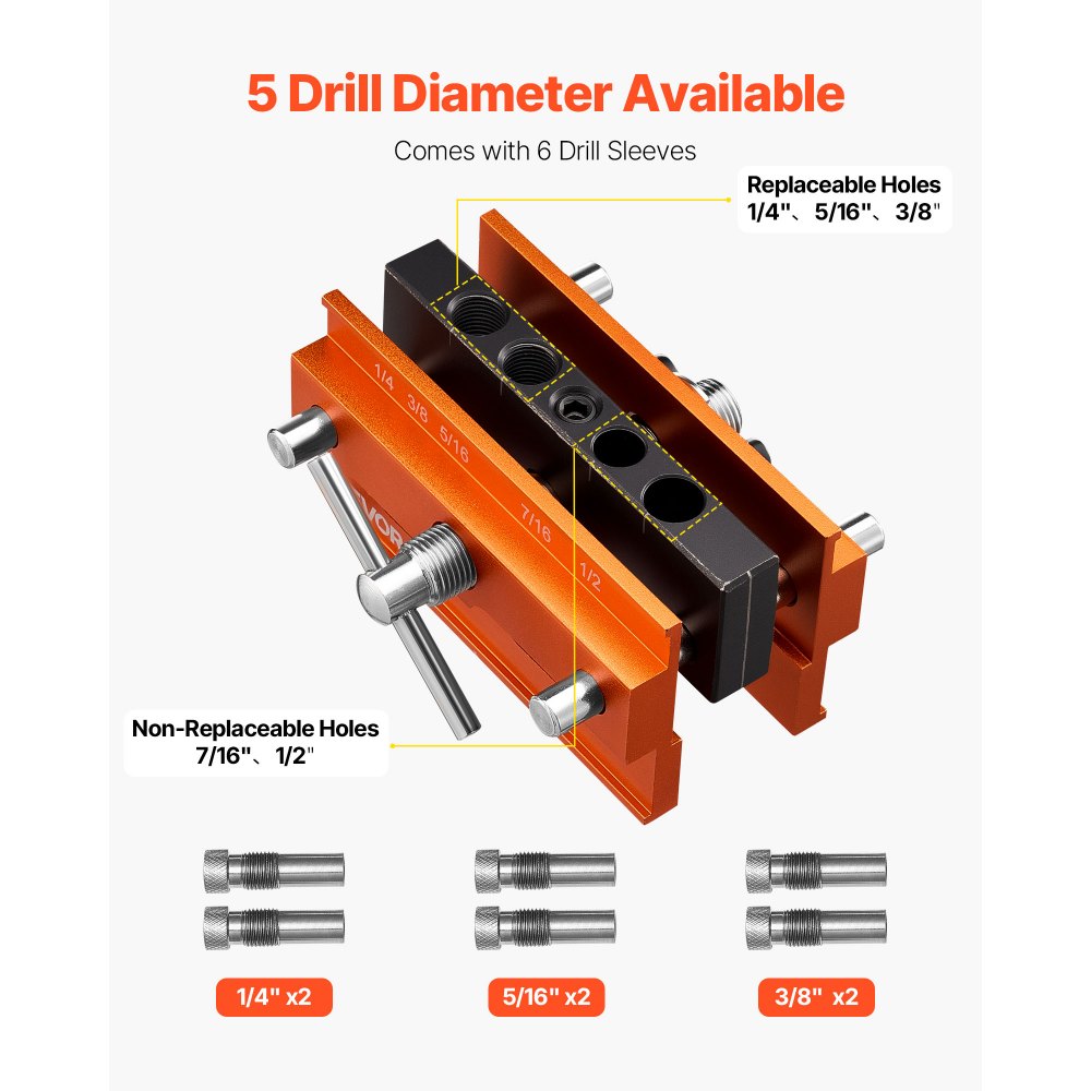 VEVOR Doweling Jig Kit, Self Centering Dowel Drill Jig for Straight Holes, Aluminum Alloy Woodworking Tools with 6 Drill Guide Bushings, Adjustable Width, for Wood Working, Drilling and Marking