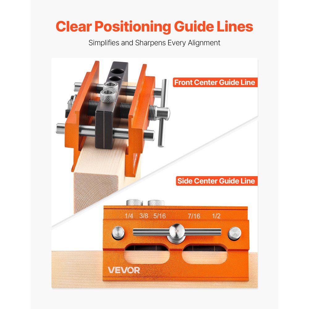 VEVOR Doweling Jig Kit, Self Centering Dowel Drill Jig for Straight Holes, Aluminum Alloy Woodworking Tools with 6 Drill Guide Bushings, Adjustable Width, for Wood Working, Drilling and Marking