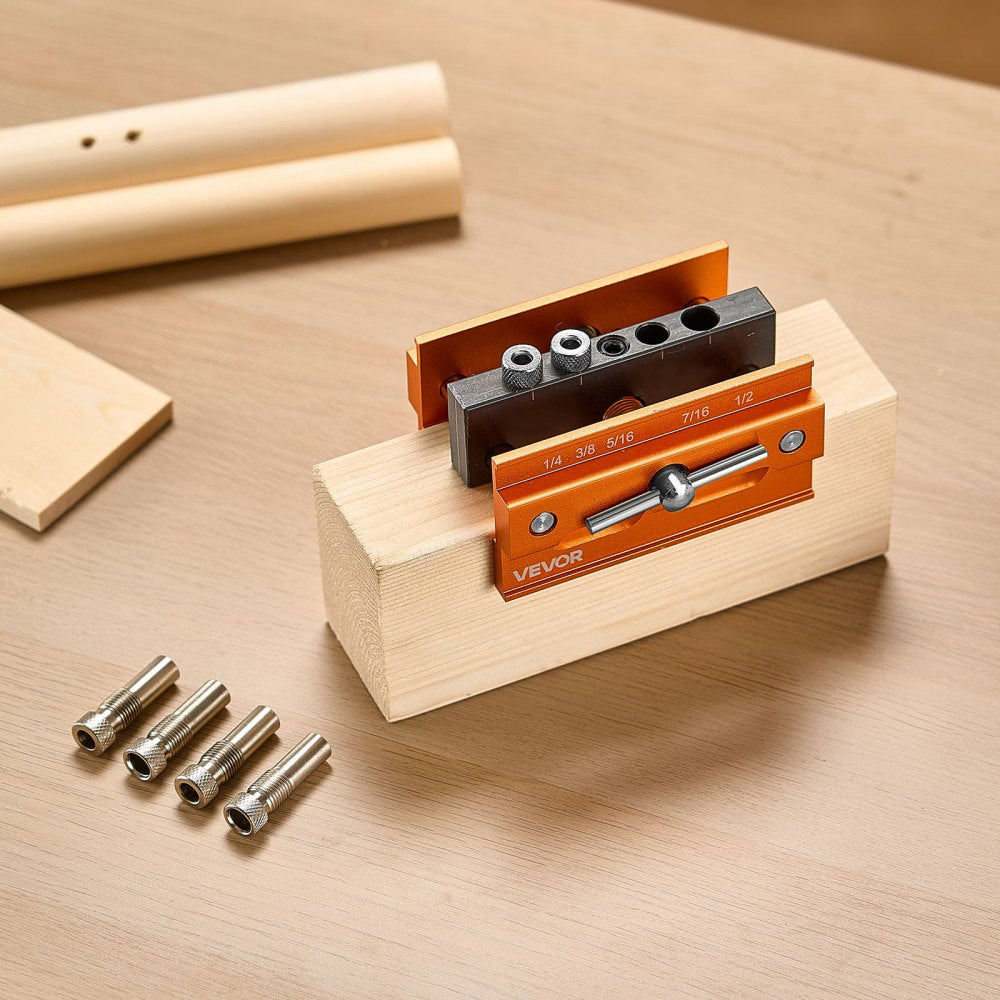 VEVOR Doweling Jig Kit, Self Centering Dowel Drill Jig for Straight Holes, Aluminum Alloy Woodworking Tools with 6 Drill Guide Bushings, Adjustable Width, for Wood Working, Drilling and Marking