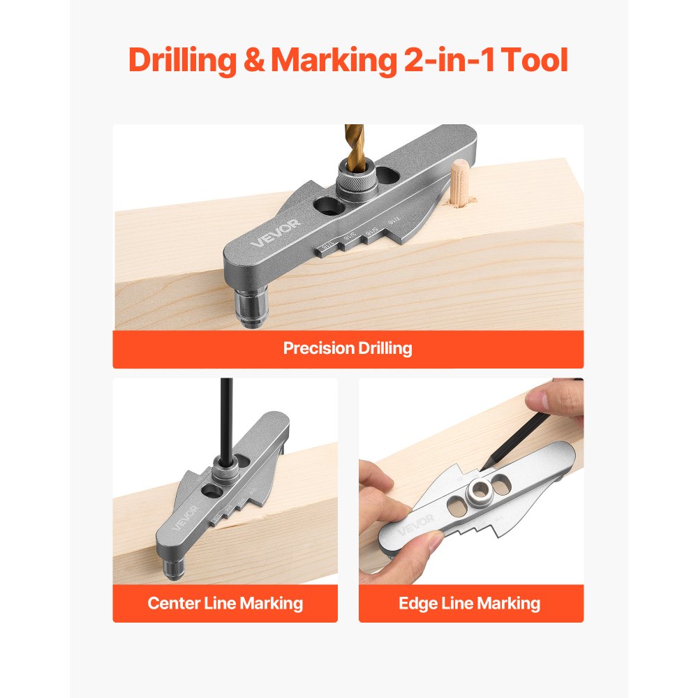 VEVOR Doweling Jig Kit, Self Centering Dowel Drill Jig for Straight Holes, with Drill Bit Set 1/4", 5/16", 3/8" and Drill Bit Stop Collar Set, Aluminum Alloy Woodworking Tools for Drilling, Marking