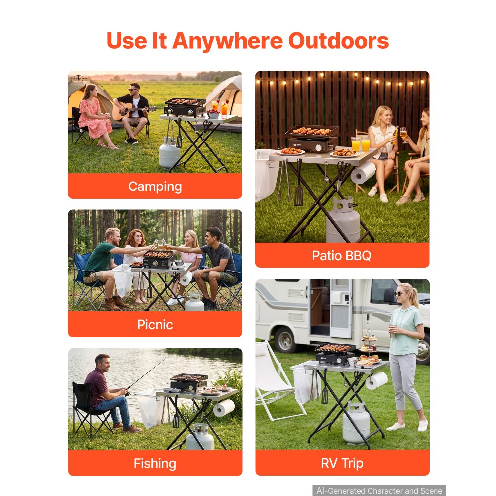 VEVOR Folding Grill Table 24x20in Camping Prep Tables Carbon Steel Tabletop, Lightweight & Compact for Picnic BBQ Tailgating, 70 lbs Capacity, Outdoor Pizza Oven Stand with Garage Rack, Tissue Holder