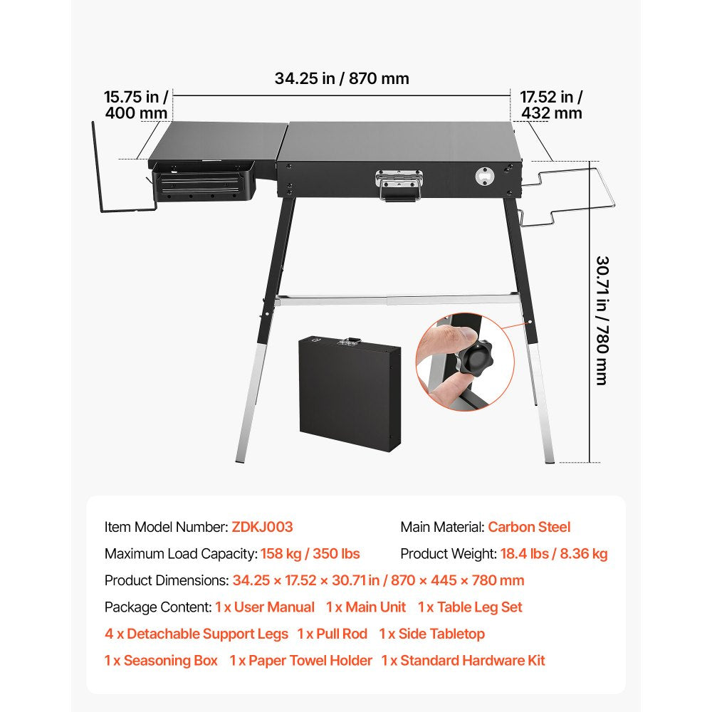VEVOR Folding Grill Table 35x17 in Camping Griddle Stand Fit 17 & 22 in, for Picnic BBQ Tailgating, Carbon Steel, Adjustable Height, 350 lbs, Outdoor Cart with Magnetic Tool Rack and Tissue Holder