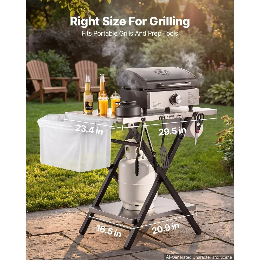 VEVOR Folding Grill Table 30x24 in Camping Prep Tables Stainless Steel, for Picnic BBQ Tailgating, 70 lbs Capacity, Adjustable Height, 2 Tier Outdoor Pizza Oven Stand, Garage Rack, Tissue Holder