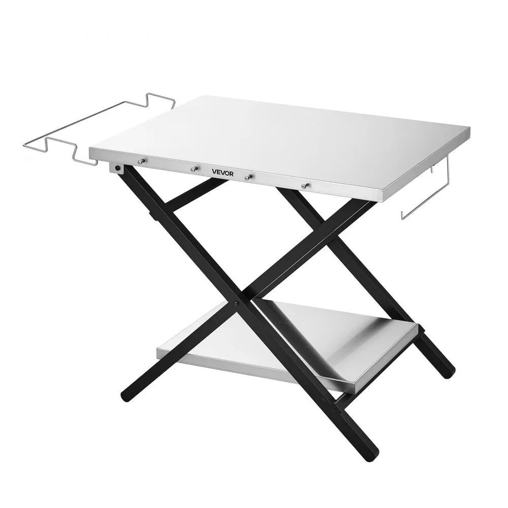 VEVOR Folding Grill Table 30x24 in Camping Prep Tables Stainless Steel, for Picnic BBQ Tailgating, 70 lbs Capacity, Adjustable Height, 2 Tier Outdoor Pizza Oven Stand, Garage Rack, Tissue Holder
