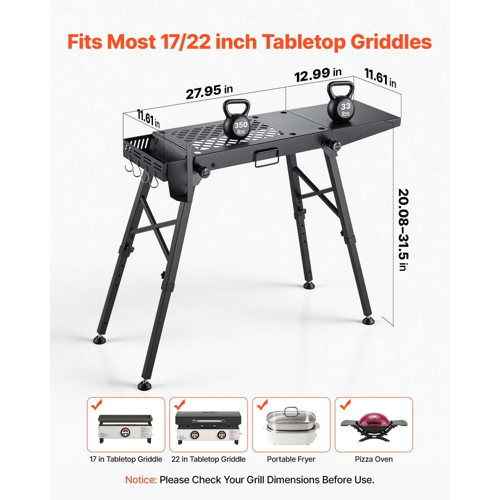 VEVOR Folding Grill Table 41x12 in Camping Griddle Stand Fit 17 & 22 in, for Picnic BBQ Tailgating, Carbon Steel, Adjustable Height, 350 lbs Capacity, Outdoor Cart with Seasoning Basket, Side Shelf