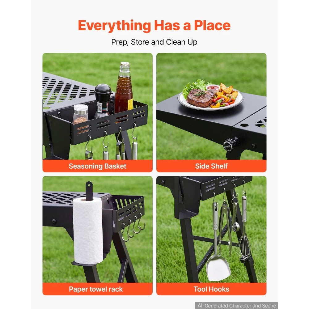 VEVOR Folding Grill Table 41x12 in Camping Griddle Stand Fit 17 & 22 in, for Picnic BBQ Tailgating, Carbon Steel, Adjustable Height, 350 lbs Capacity, Outdoor Cart with Seasoning Basket, Side Shelf