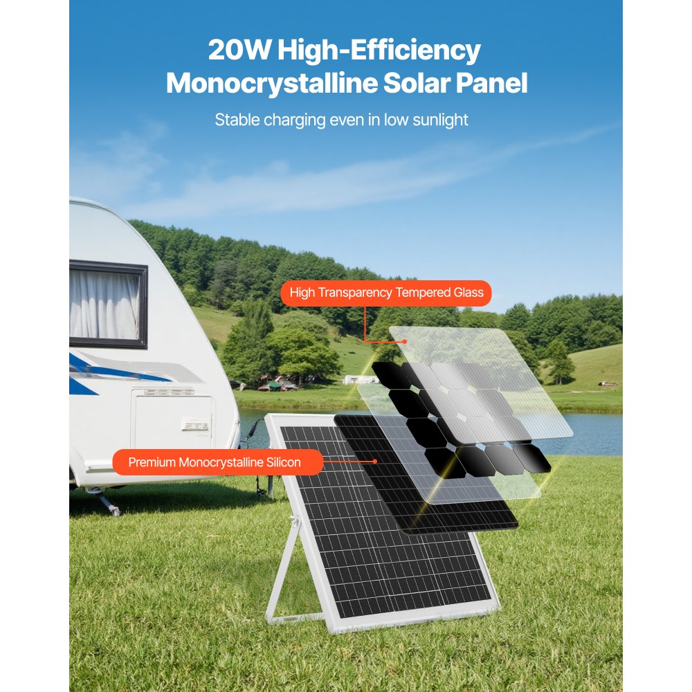 VEVOR 20W 12V Solar Panel Battery Charger, Solar Battery Trickle Charger Maintainer with Intelligent MPPT Controller & Adjustable Mount Bracket, IP67 Waterproof for Car Boat RV Motorcycle Trailer