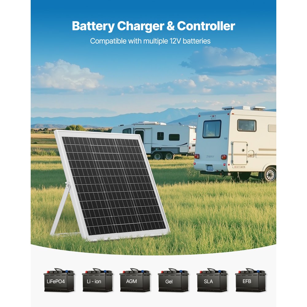 VEVOR 20W 12V Solar Panel Battery Charger, Solar Battery Trickle Charger Maintainer with Intelligent MPPT Controller & Adjustable Mount Bracket, IP67 Waterproof for Car Boat RV Motorcycle Trailer