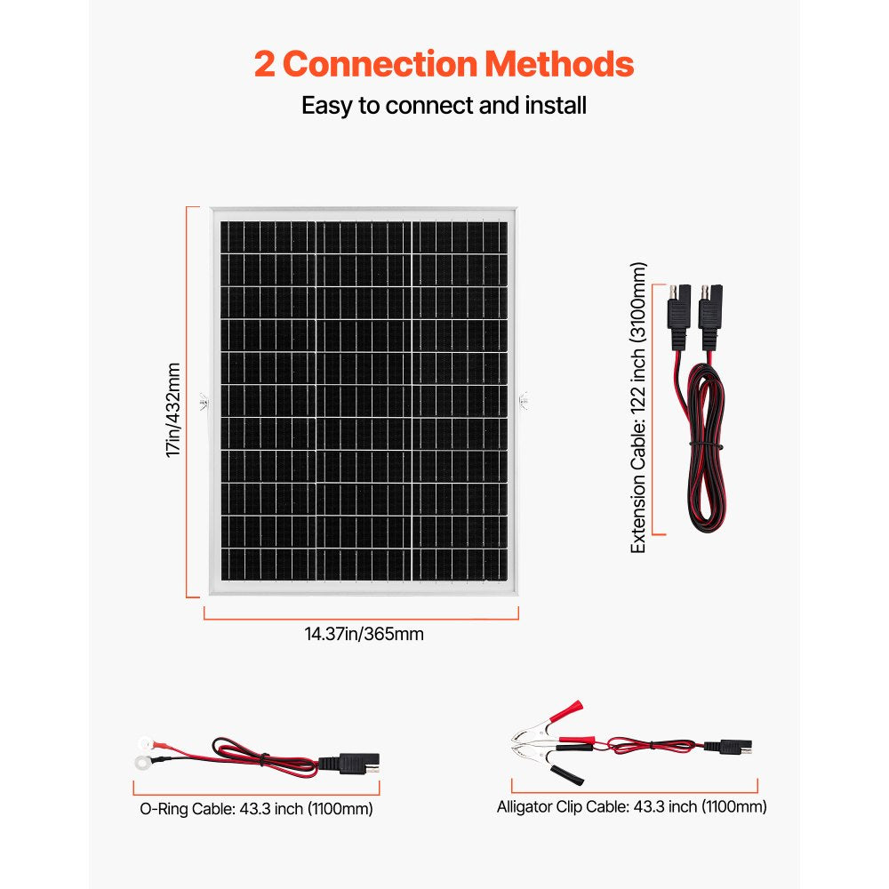 VEVOR 25W 12V Solar Panel Battery Charger, Solar Battery Trickle Charger Maintainer with Intelligent MPPT Controller & Adjustable Mount Bracket, IP67 Waterproof for Car Boat RV Motorcycle Trailer