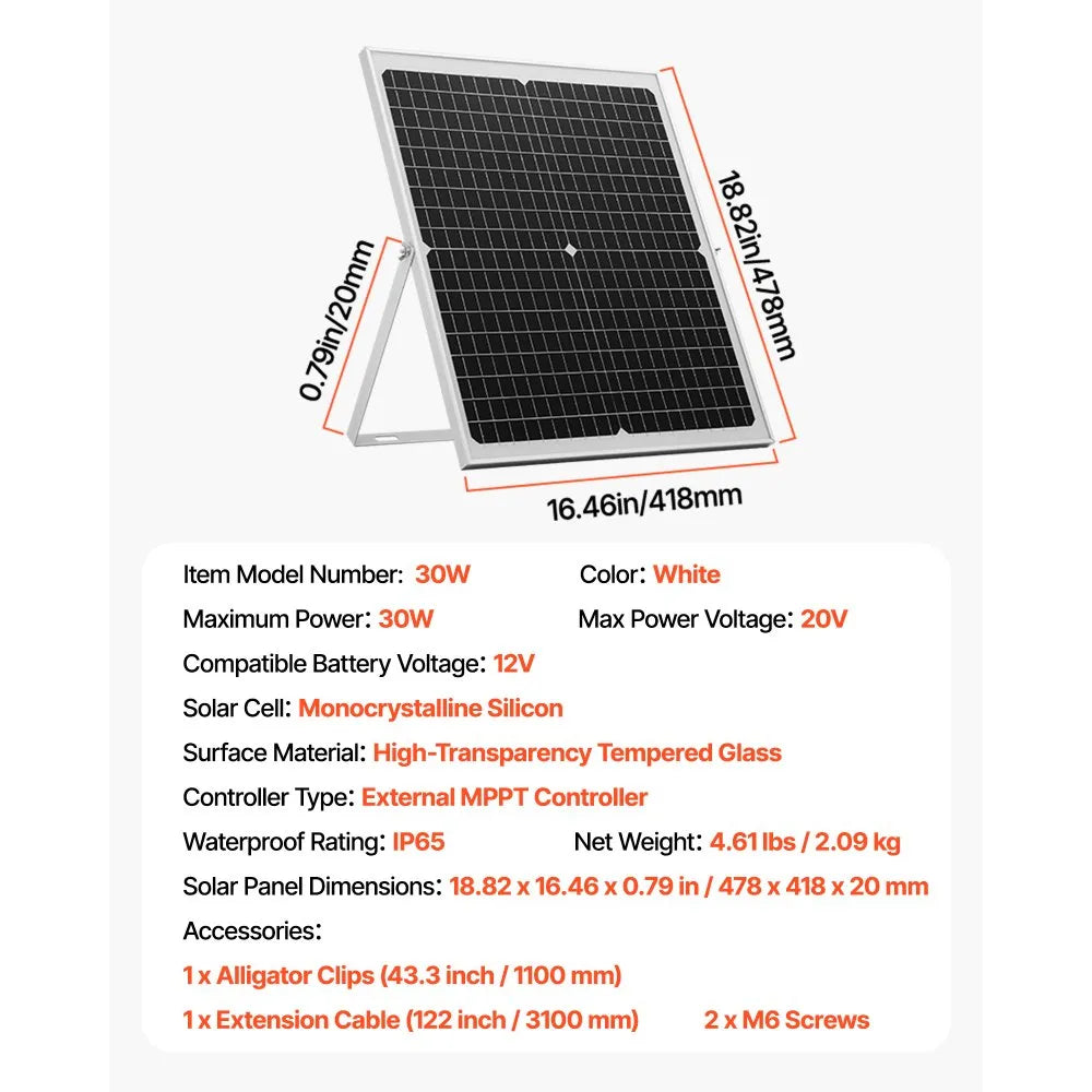 VEVOR 30W 12V Solar Panel Battery Charger, Solar Battery Trickle Charger Maintainer with Intelligent MPPT Controller & Adjustable Mount Bracket, IP67 Waterproof for Car Boat RV Motorcycle Trailer