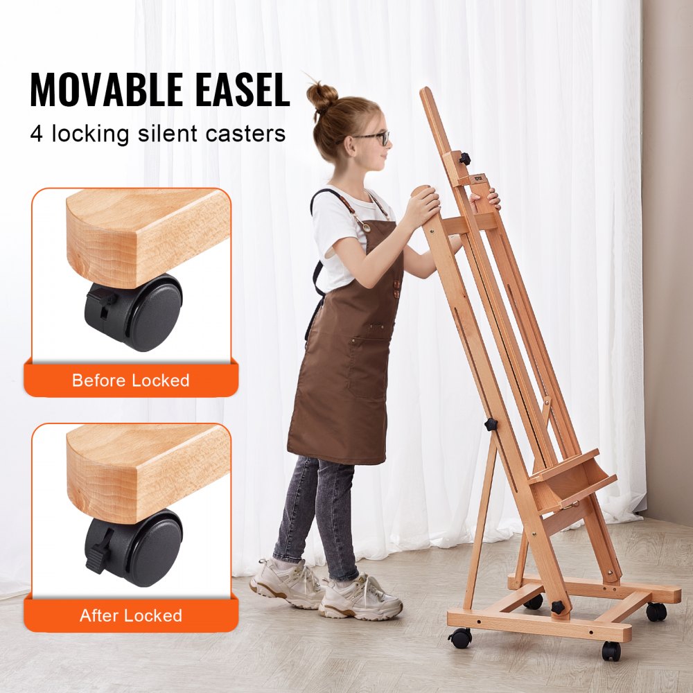 VEVOR Studio H-Frame Easel, Holds Canvas Art up to 48", Beechwood Artists Easel for Painting with Wheels and Large Storage Tray, 33 lbs Load Capacity Studio Easel, Adjustable Art Painting Easel