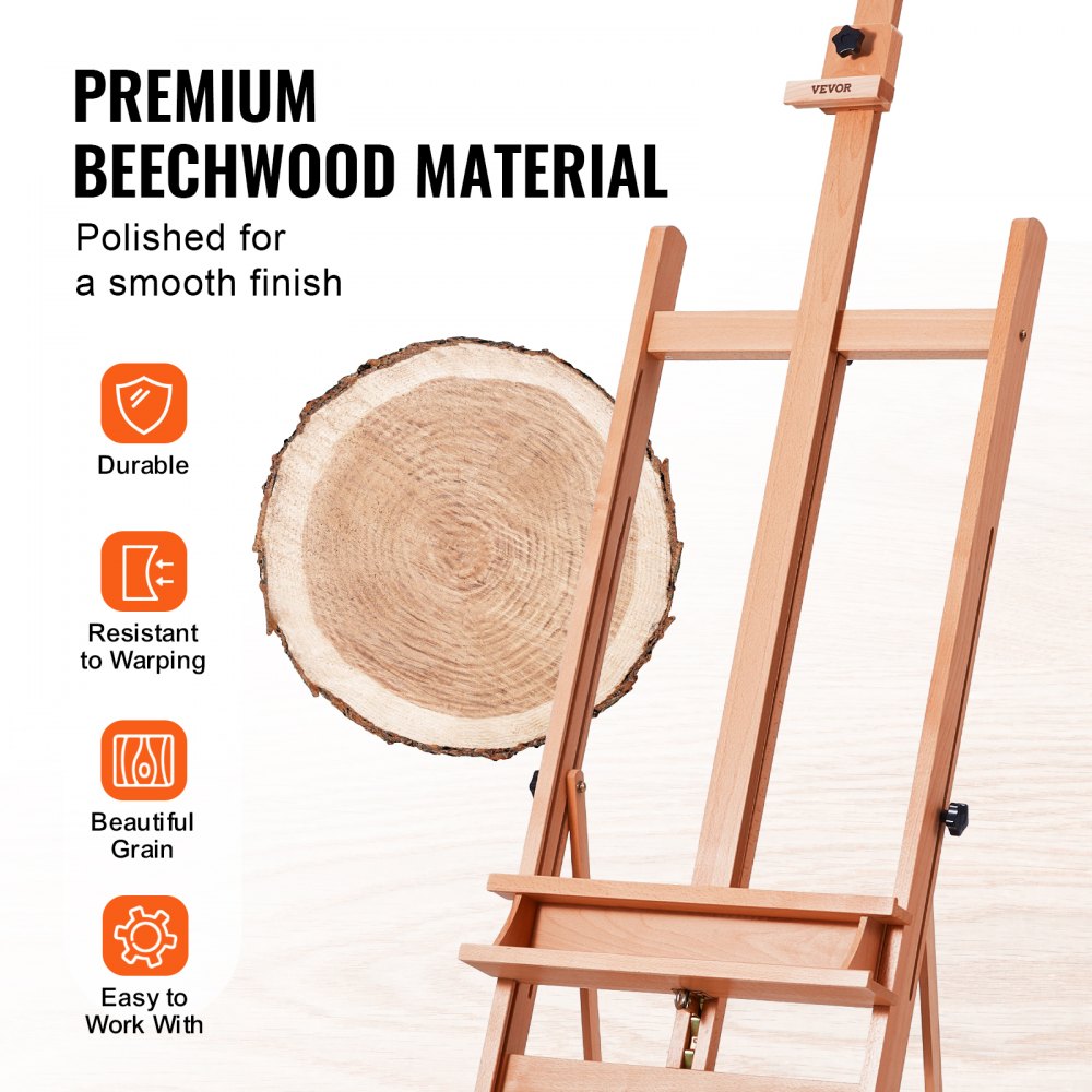 VEVOR Studio H-Frame Easel, Holds Canvas Art up to 48", Beechwood Artists Easel for Painting with Wheels and Large Storage Tray, 33 lbs Load Capacity Studio Easel, Adjustable Art Painting Easel