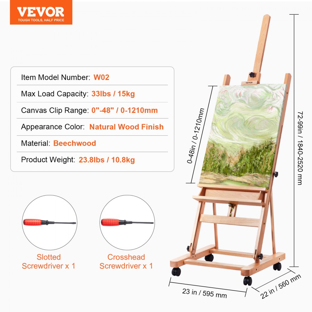 VEVOR Studio H-Frame Easel, Holds Canvas Art up to 48", Beechwood Artists Easel for Painting with Wheels and Large Storage Tray, 33 lbs Load Capacity Studio Easel, Adjustable Art Painting Easel