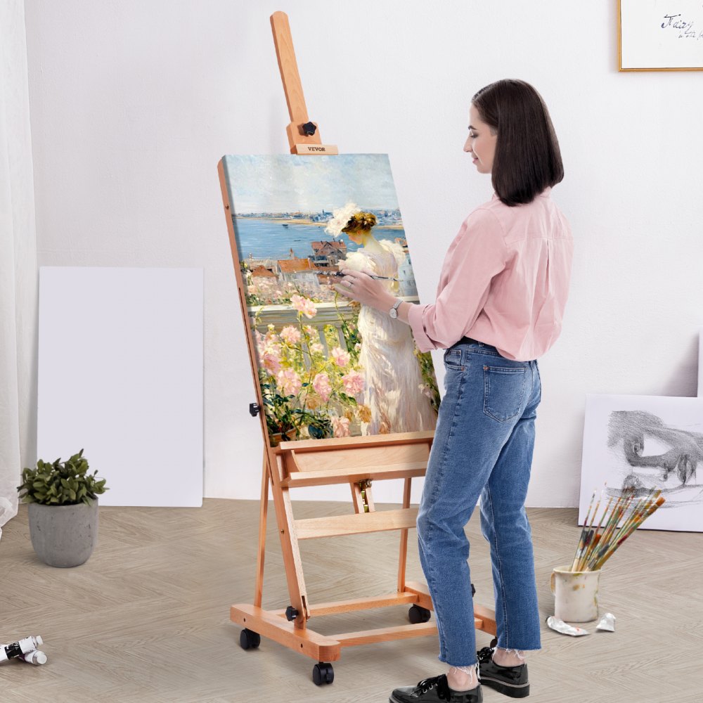 VEVOR Studio H-Frame Easel, Holds Canvas Art up to 48", Beechwood Artists Easel for Painting with Wheels and Large Storage Tray, 33 lbs Load Capacity Studio Easel, Adjustable Art Painting Easel