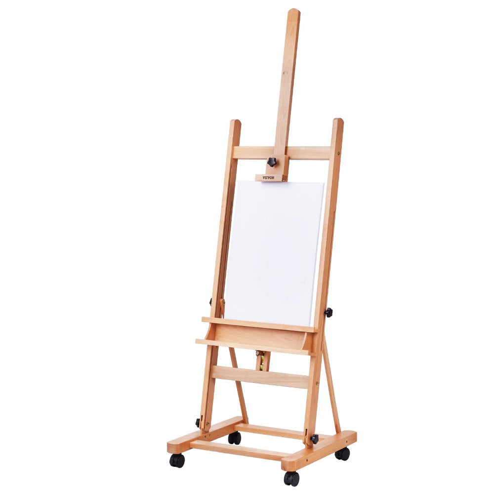 VEVOR Studio H-Frame Easel, Holds Canvas Art up to 48", Beechwood Artists Easel for Painting with Wheels and Large Storage Tray, 33 lbs Load Capacity Studio Easel, Adjustable Art Painting Easel