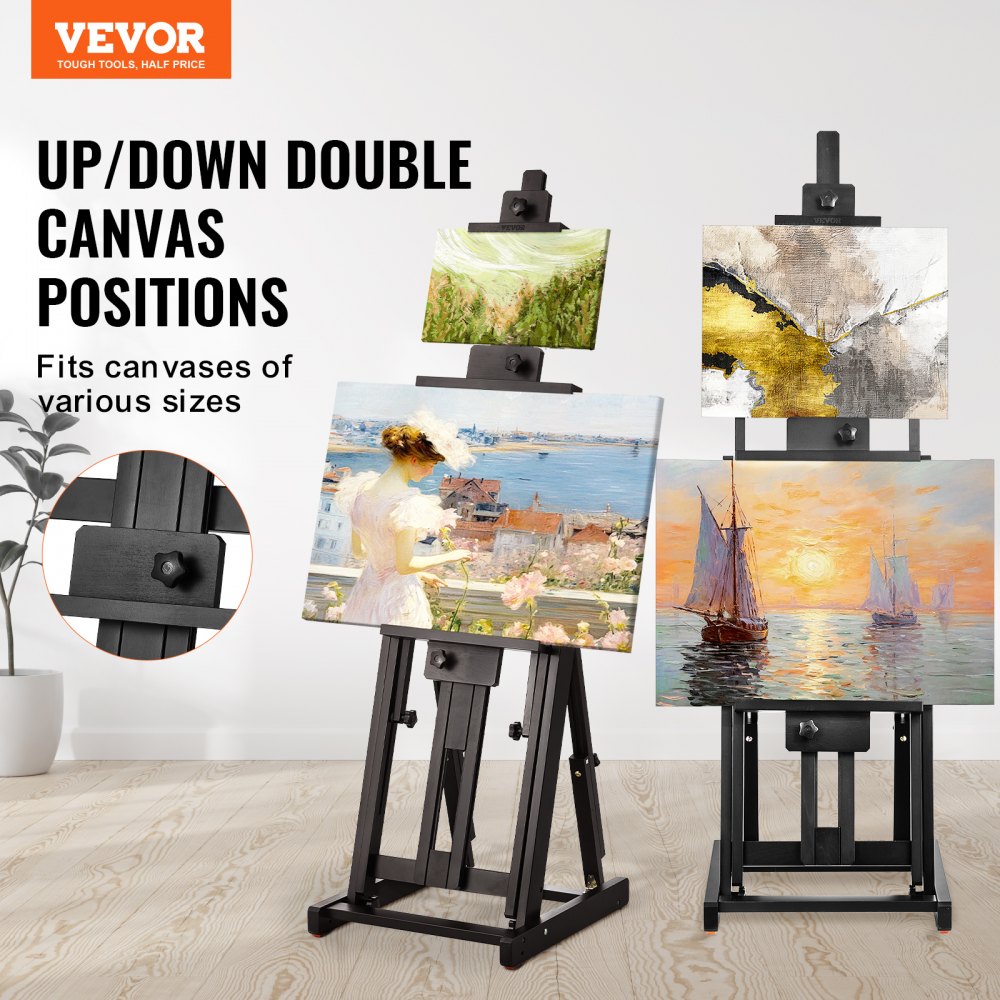 VEVOR Studio H-Frame Easel, Holds Canvas Art up to 77", Beechwood Artists Easel for Painting with Bottom Tray, Double Canvas Position, 22 lbs Load Capacity Studio Easel, Adjustable Art Painting Easel