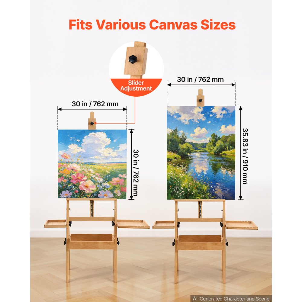 VEVOR Studio H-Frame Easel Holds Canvas Up to 35.43" Solid Beech Wood Frame, For Artists Painting, Adjustable Height & Angle, Multi-Function Wooden Art Easel with Storage Box & Trays, Natural Color