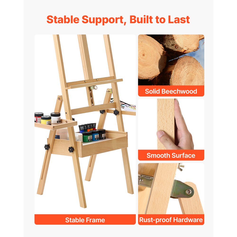 VEVOR Studio H-Frame Easel Holds Canvas Up to 35.43" Solid Beech Wood Frame, For Artists Painting, Adjustable Height & Angle, Multi-Function Wooden Art Easel with Storage Box & Trays, Natural Color