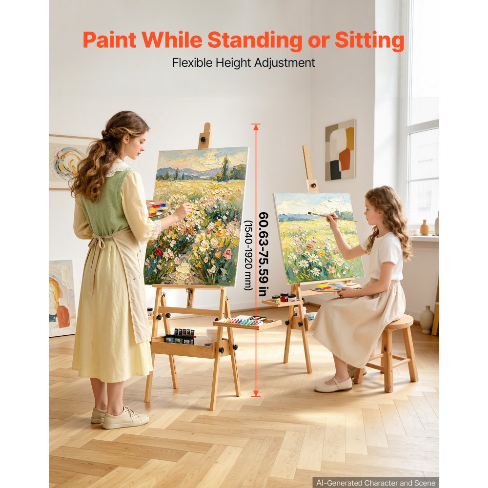 VEVOR Studio H-Frame Easel Holds Canvas Up to 35.43" Solid Beech Wood Frame, For Artists Painting, Adjustable Height & Angle, Multi-Function Wooden Art Easel with Storage Box & Trays, Natural Color