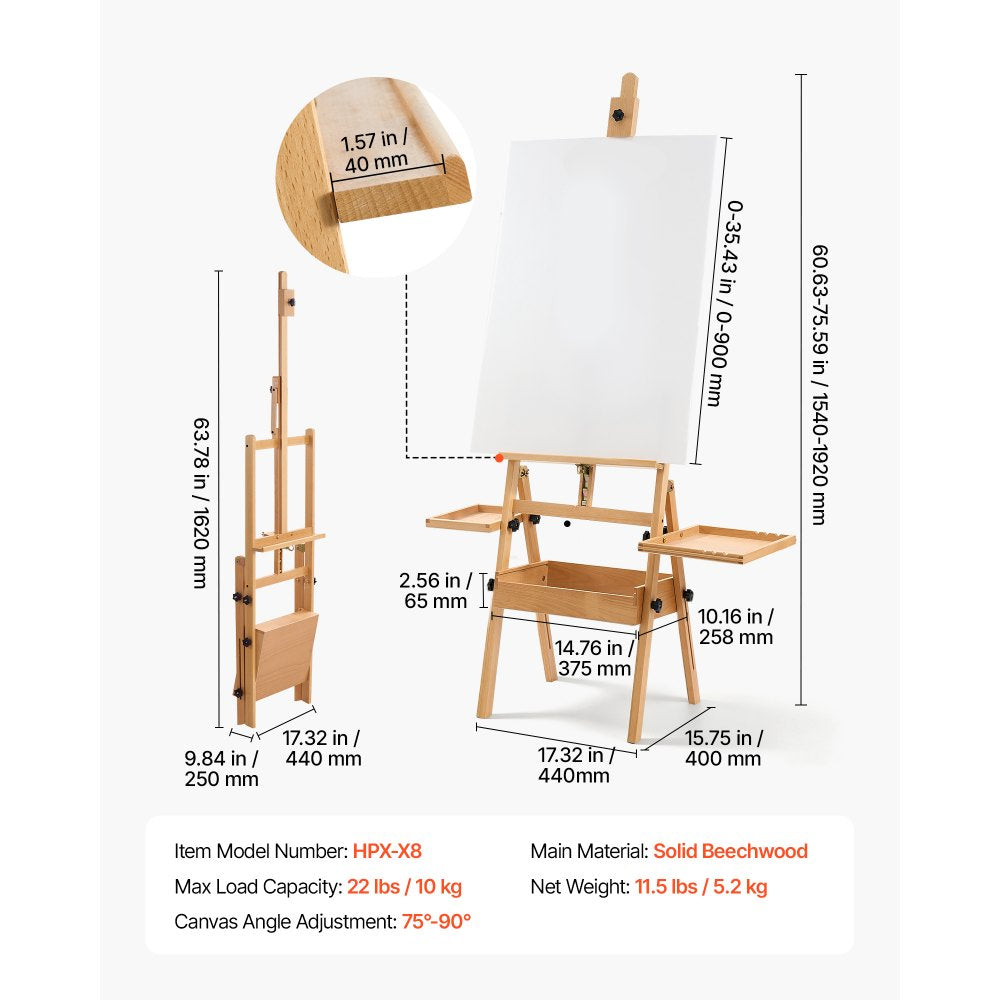 VEVOR Studio H-Frame Easel Holds Canvas Up to 35.43" Solid Beech Wood Frame, For Artists Painting, Adjustable Height & Angle, Multi-Function Wooden Art Easel with Storage Box & Trays, Natural Color