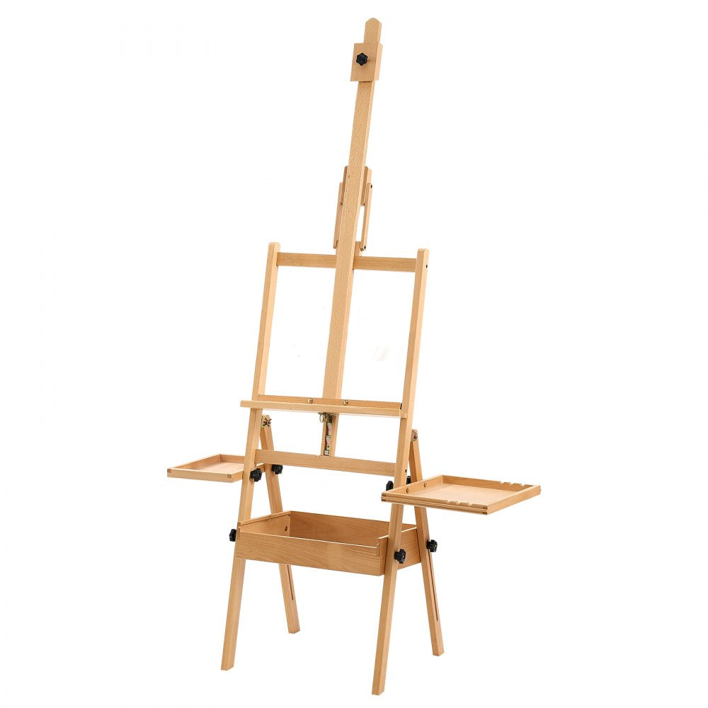 VEVOR Studio H-Frame Easel Holds Canvas Up to 35.43" Solid Beech Wood Frame, For Artists Painting, Adjustable Height & Angle, Multi-Function Wooden Art Easel with Storage Box & Trays, Natural Color