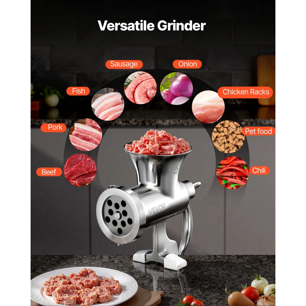 VEVOR Manual Meat Grinder, 304 Stainless Steel Hand Crank Meat Mincer with Steel Table Clamp, Sausage Stuffer with 2 Cutting Plates & 4 Sausage Tubes, Food Grinder for Beef Chili Pork Kitchen Tabletop