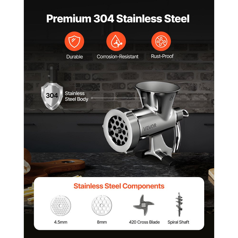VEVOR Manual Meat Grinder, 304 Stainless Steel Hand Crank Meat Mincer with Steel Table Clamp, Sausage Stuffer with 2 Cutting Plates & Sausage Tube, Food Grinder for Beef Chili Pork Kitchen Tabletop