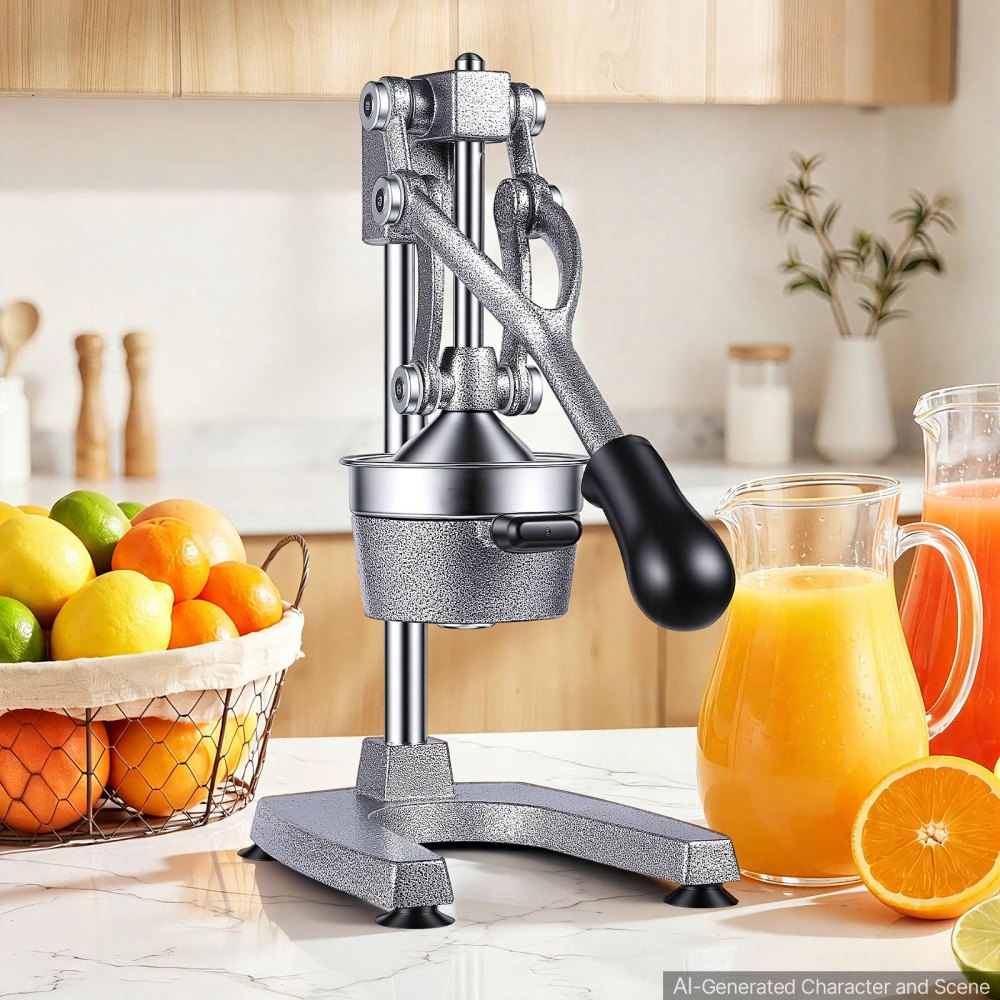 VEVOR Manual Citrus Juicer, 15" Tall Hand Press Orange Juicer, Manual Fresh Juice Extractor for Lemon Pomegranate Grapefruit, Heavy-Duty Cast Iron, Easy to Clean, Home & Commercial Use, Silver Gray