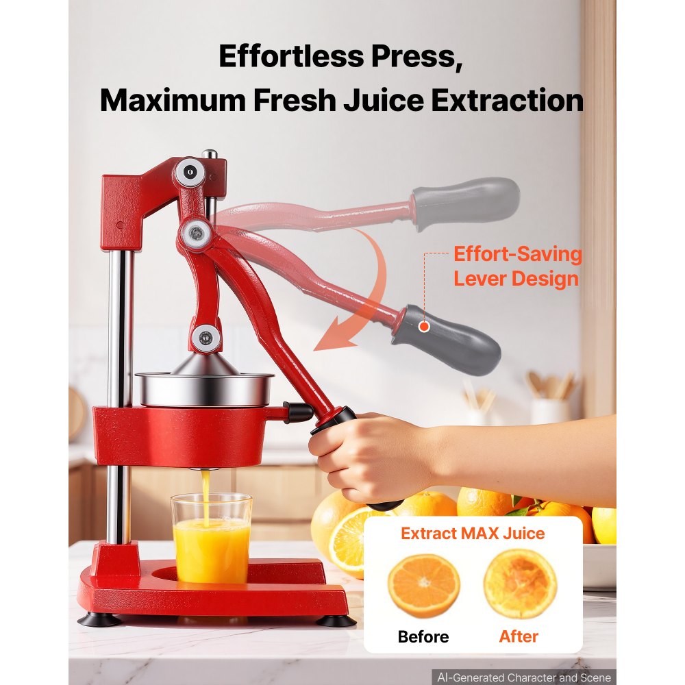 VEVOR Manual Citrus Juicer, 15" Tall Hand Press Orange Juicer, Manual Fresh Juice Extractor for Lemon Pomegranate Grapefruit, Heavy-Duty Cast Iron, Easy to Clean, Home & Commercial Use, Red
