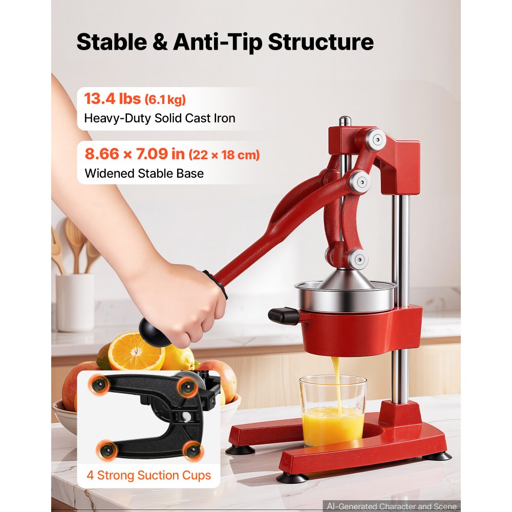 VEVOR Manual Citrus Juicer, 15" Tall Hand Press Orange Juicer, Manual Fresh Juice Extractor for Lemon Pomegranate Grapefruit, Heavy-Duty Cast Iron, Easy to Clean, Home & Commercial Use, Red