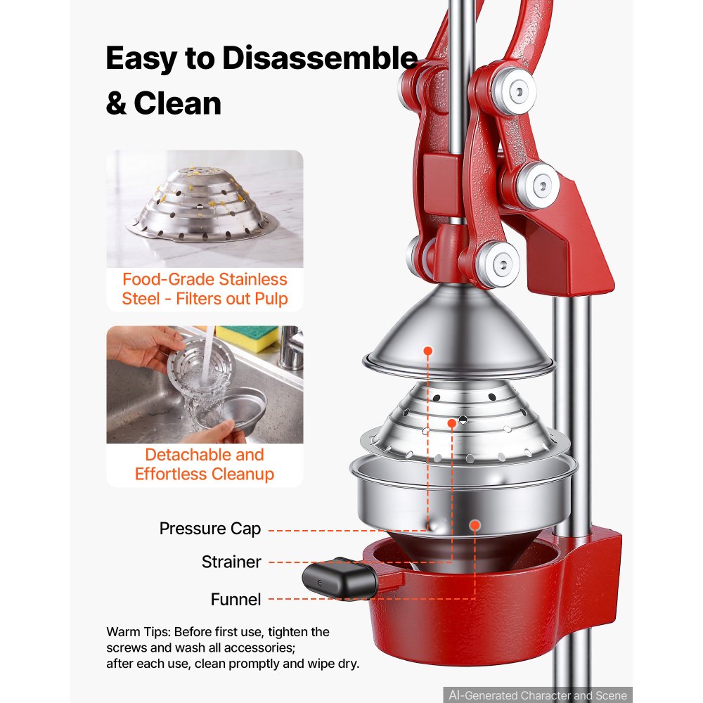 VEVOR Manual Citrus Juicer, 15" Tall Hand Press Orange Juicer, Manual Fresh Juice Extractor for Lemon Pomegranate Grapefruit, Heavy-Duty Cast Iron, Easy to Clean, Home & Commercial Use, Red