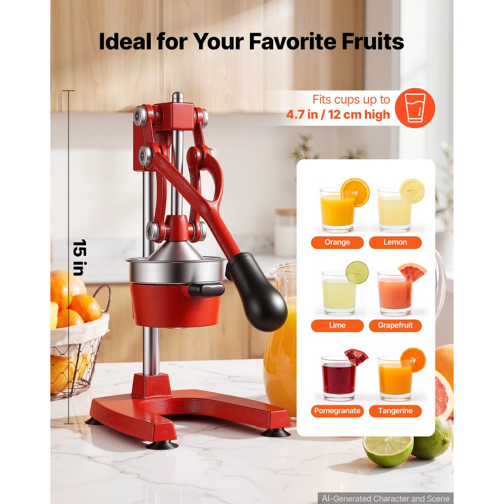 VEVOR Manual Citrus Juicer, 15" Tall Hand Press Orange Juicer, Manual Fresh Juice Extractor for Lemon Pomegranate Grapefruit, Heavy-Duty Cast Iron, Easy to Clean, Home & Commercial Use, Red