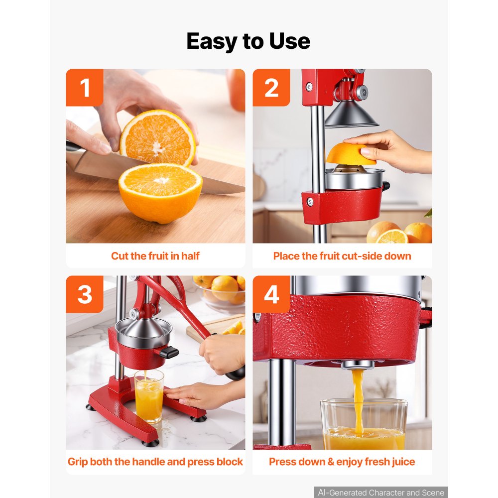 VEVOR Manual Citrus Juicer, 15" Tall Hand Press Orange Juicer, Manual Fresh Juice Extractor for Lemon Pomegranate Grapefruit, Heavy-Duty Cast Iron, Easy to Clean, Home & Commercial Use, Red