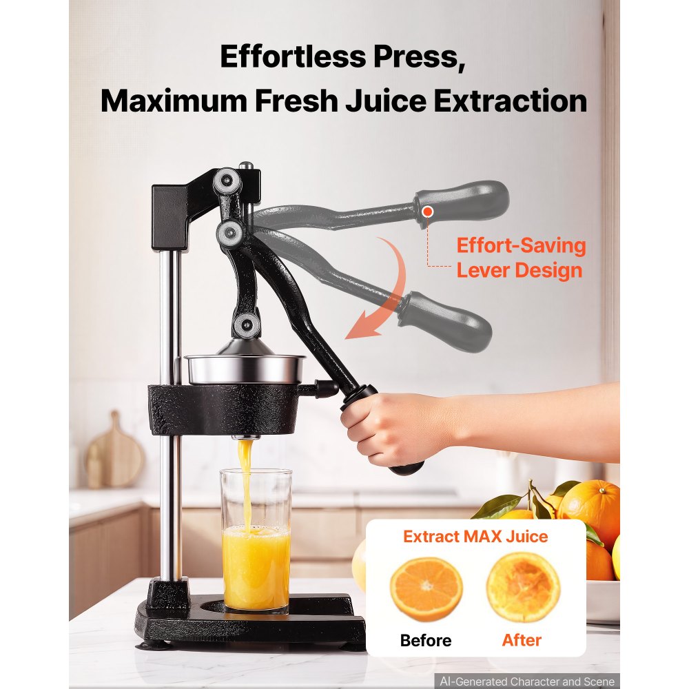 VEVOR Manual Citrus Juicer, 19" Tall Hand Press Oranges Juicer, Manual Fresh Juice Extractor for Lemon Pomegranate Grapefruit, Heavy-Duty Cast Iron, Easy to Clean, Home & Commercial Use, Black