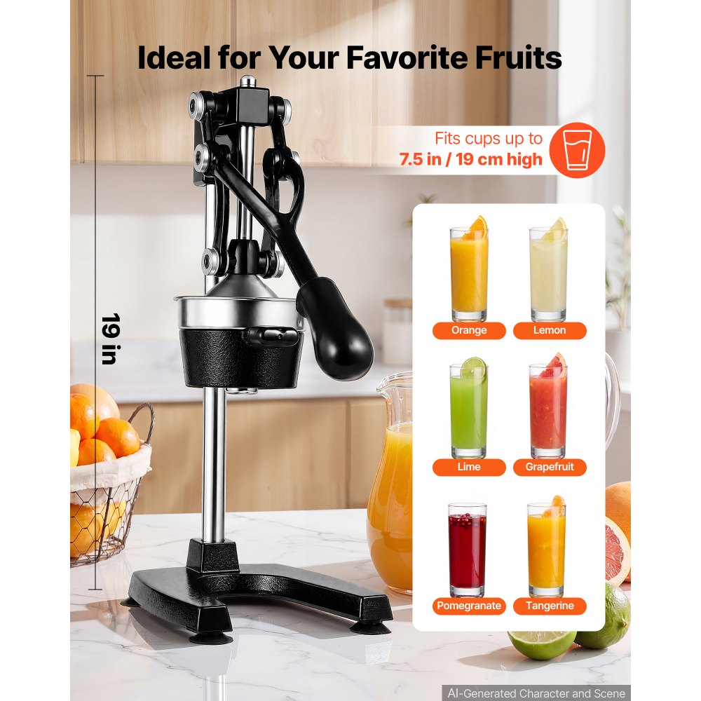 VEVOR Manual Citrus Juicer, 19" Tall Hand Press Oranges Juicer, Manual Fresh Juice Extractor for Lemon Pomegranate Grapefruit, Heavy-Duty Cast Iron, Easy to Clean, Home & Commercial Use, Black