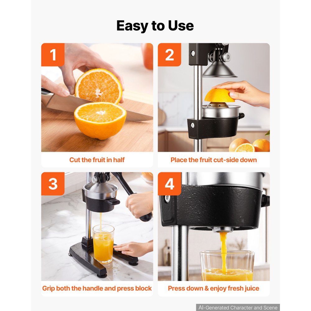 VEVOR Manual Citrus Juicer, 19" Tall Hand Press Oranges Juicer, Manual Fresh Juice Extractor for Lemon Pomegranate Grapefruit, Heavy-Duty Cast Iron, Easy to Clean, Home & Commercial Use, Black