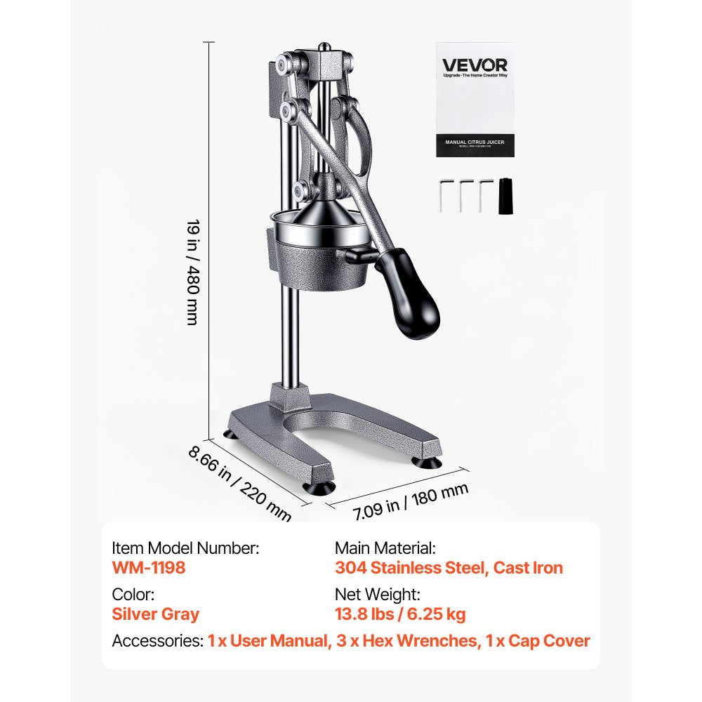 VEVOR Manual Citrus Juicer, 19" Tall Hand Press Orange Juicer, Manual Fresh Juice Extractor for Lemon Pomegranate Grapefruit, Heavy-Duty Cast Iron, Easy to Clean, Home & Commercial Use, Silver Gray
