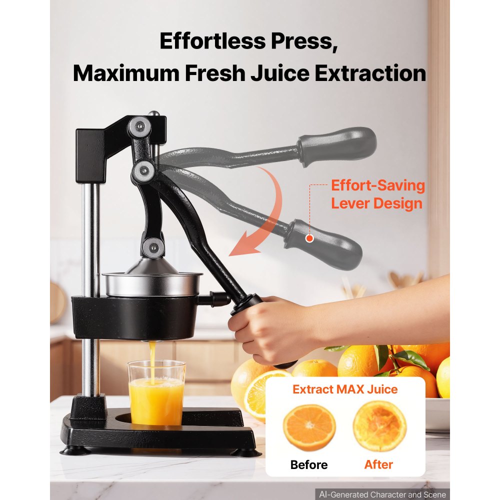 VEVOR Manual Citrus Juicer, 15" Tall Hand Press Oranges Juicer, Manual Fresh Juice Extractor for Lemon Pomegranate Grapefruit, Heavy-Duty Cast Iron, Easy to Clean, Home & Commercial Use, Black