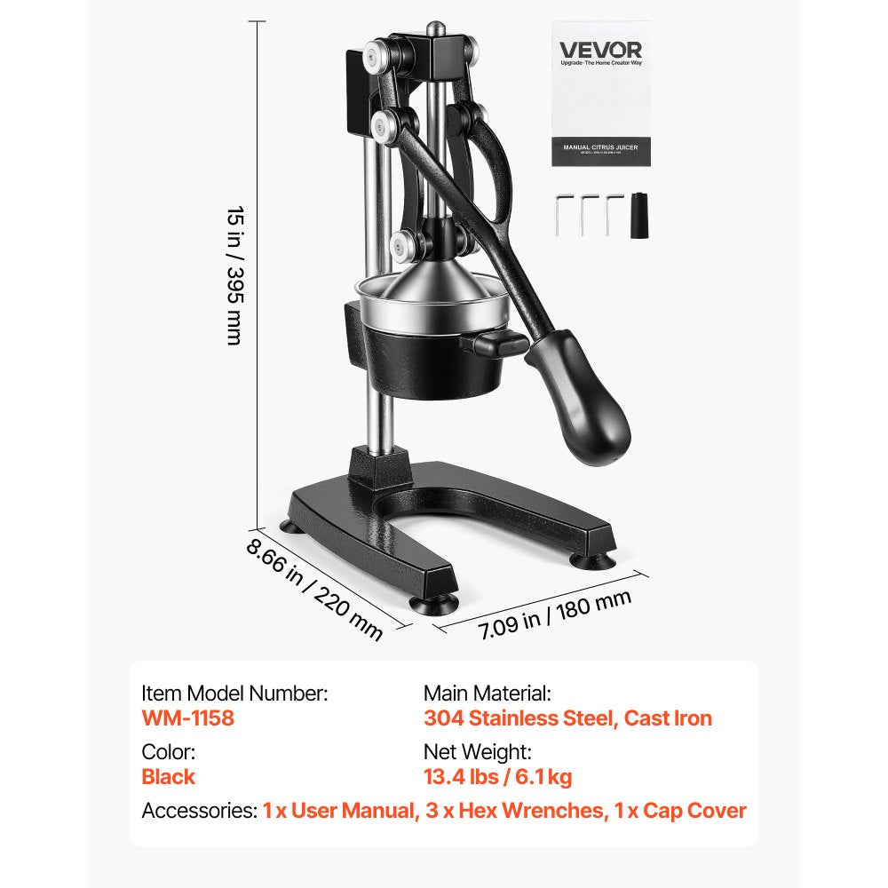 VEVOR Manual Citrus Juicer, 15" Tall Hand Press Oranges Juicer, Manual Fresh Juice Extractor for Lemon Pomegranate Grapefruit, Heavy-Duty Cast Iron, Easy to Clean, Home & Commercial Use, Black