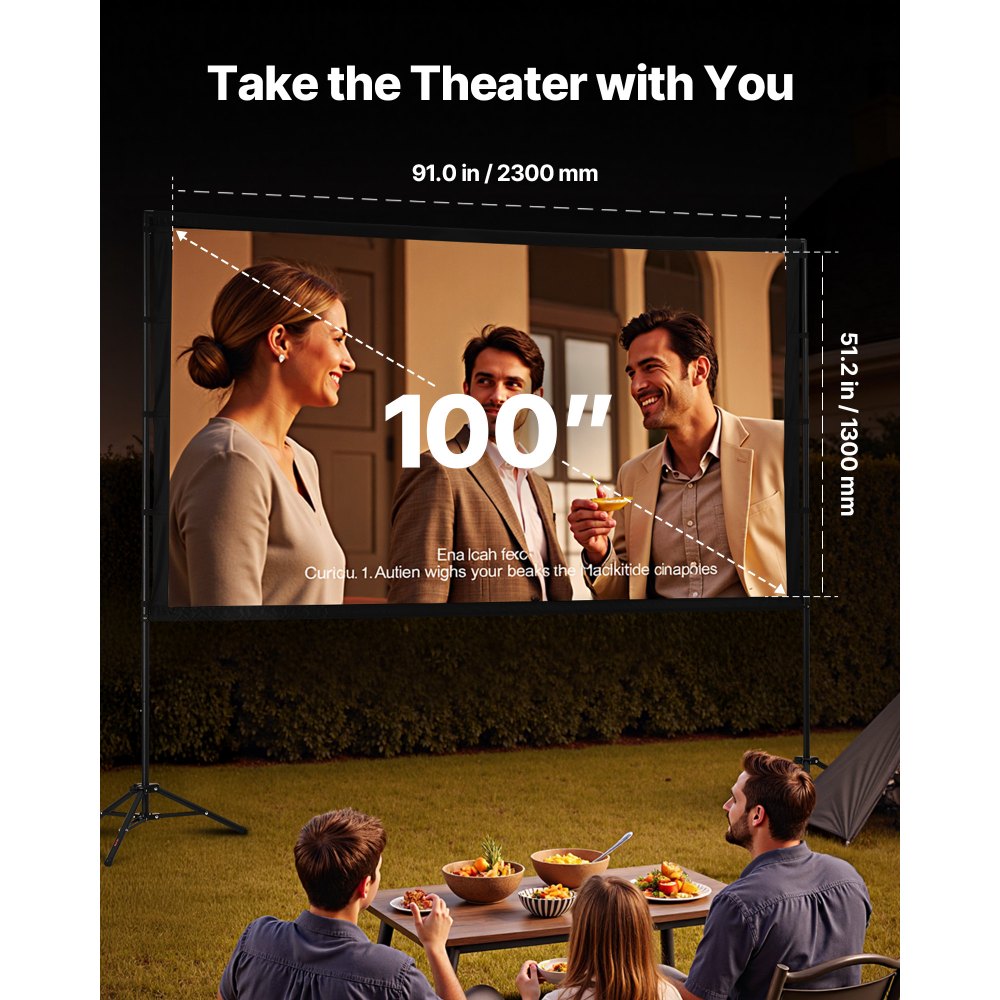 VEVOR Projector Screen with Stand, 100 Inch 160° Wide Angle Indoor Outdoor Projection Screen, 16:9 4K HD Wrinkleless Portable Dual-Tripod Screens with Carry Bag, for Movie Home Theater Presentation